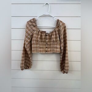 Madeline & Monroe- Brown & Cream Plaid Cropped Peasant Top